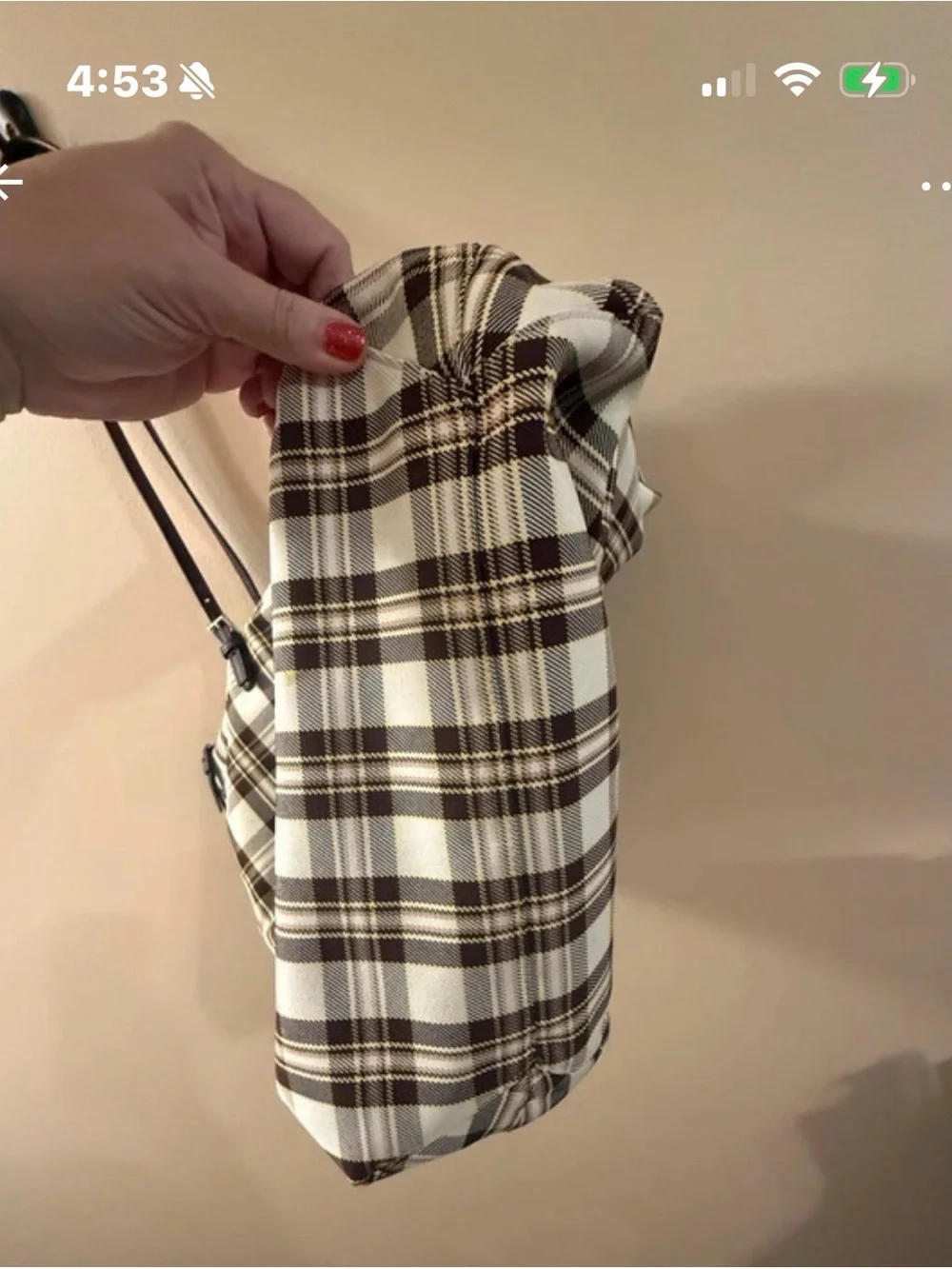 Tory Burch Plaid Canvas Tote Bag with Brown Trim and crossbody strap